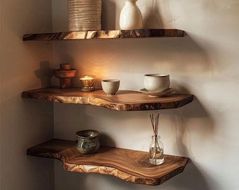 Estantería flotante Monkeypod artesanal: estantería rústica de madera maciza