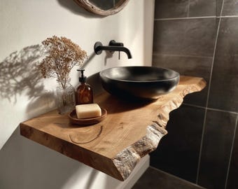 Estante flotante de borde vivo para tocador de baño, encimera rústica de madera maciza para decoración de baño moderna.