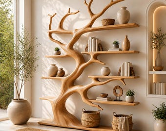 May include: A light brown wooden bookshelf shaped like a tree with multiple horizontal shelves. The structure features organic, branch-like supports and holds various decorative items including ceramic vases, woven baskets, and books.
