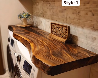 Encimera de madera maciza para lavadora y secadora, encimera de lavandería con borde natural, organizador de lavandería de madera