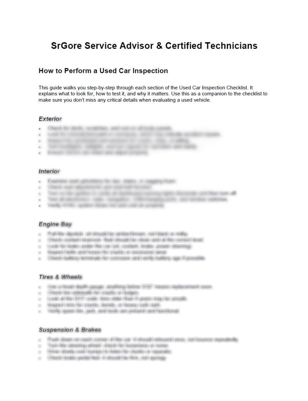 Pre Purchase Car Inspection Checklist | Printable Pdf's | Used Vehicle ...
