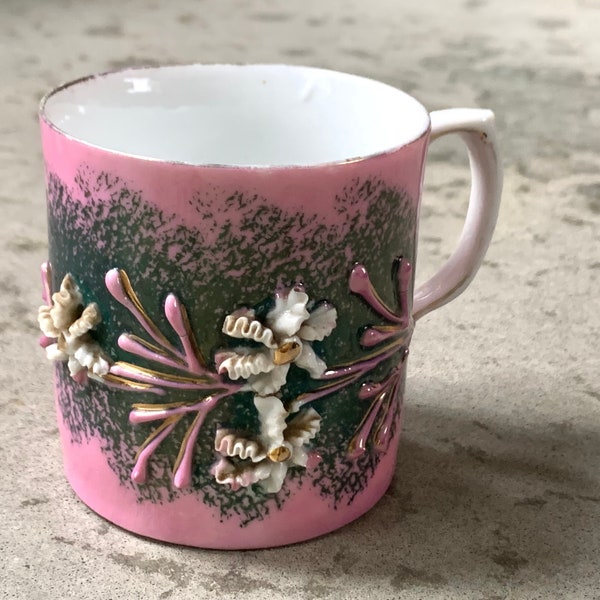 Pink Luster Mug with Applied Flowers With Gold Touches Unmarked