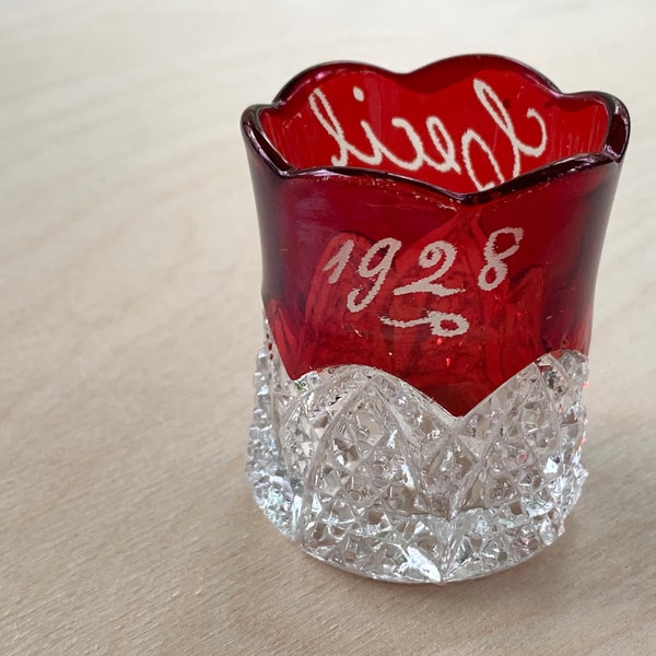 Vintage Ruby Red Cut Glass Souvenir Toothpick Holder/Shot Glass 1928 Early American Glass