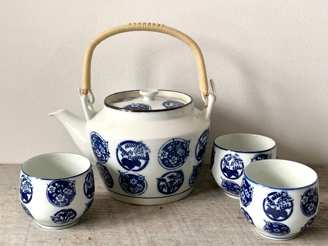Vintage Japanese Tea Pot and Three Cupsceramic Blue and White Etsy