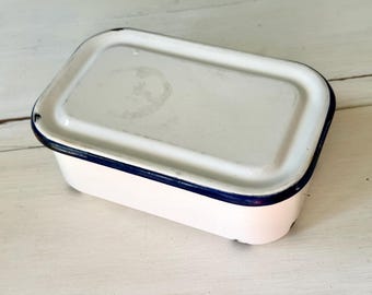 thumbnail interactive-video image 1 of White Enamel Butter Dish With Lid - Red Trim Retro Farmhouse Style 1 of 6