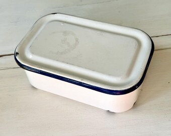 White Enamel Butter Dish With Lid - Red Trim Retro Farmhouse Style