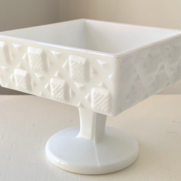 Square Milk Glass Pedestal Dish-White-Vintage-No Lid