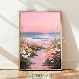 Rosa Küstenlandschaft Wandkunst, Pastell Landschaft zum ausdrucken, Pastell Ozean Dekor Download