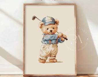 Lámina artística vintage de golf con osito de peluche, decoración de pared deportiva para habitación infantil (descarga digital)