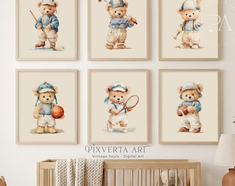 Teddy Bear Sports Wall Art Set of 6, Vintage Sports Nursery Decor, Watercolor Painting