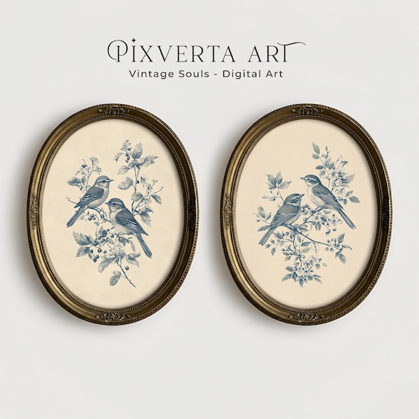 French Country Bird Prints Set, Antique Blue Botanical PRINTABLE Wall Art, Digital Download