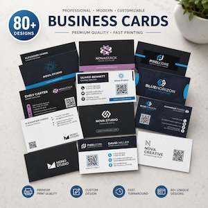 Peut inclure: Une collection de cartes de visite rectangulaires présentant divers jeux de couleurs sombres et claires, des logos, des coordonnées et des codes QR. Le texte inclut des noms comme Nova Studio, Pixelcore, Blue Horizon et Mono Studio.