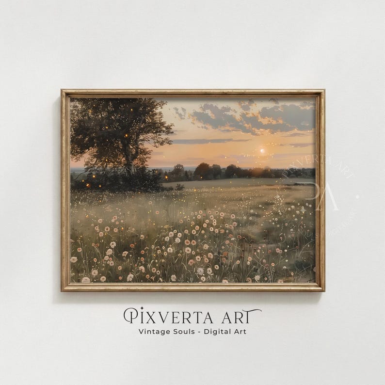 K&ouml;nnte beinhalten: Ein gerahmter Landschaftsdruck mit einem Feld von Wildblumen unter einem Sonnenuntergangshimmel. Das Kunstwerk hat eine warme Farbpalette und einen goldenen Rahmen. Der Text "PIXVERTA ART Vintage Souls - Digital Art" befindet sich unten.