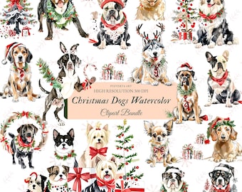 Puede incluir: Un conjunto de imágenes prediseñadas de acuarela con varias razas de perros adornadas con decoraciones navideñas. Los perros están representados con gorros de Papá Noel, coronas y accesorios festivos. El texto "Christmas Dogs Watercolor Clipart Bundle" es visible.