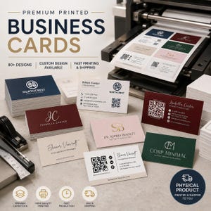 Peut inclure: Une collection de cartes de visite rectangulaires de différentes couleurs, notamment bleu marine, bordeaux, vert foncé, rose clair et crème. Les cartes présentent des logos, noms, titres, coordonnées et codes QR imprimés. Une imprimante est visible.