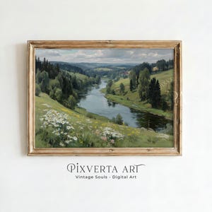 Vintage Flusstal Landschaft Wandkunst, druckbare rustikale Natur Berg Dekor (digitaler Download)