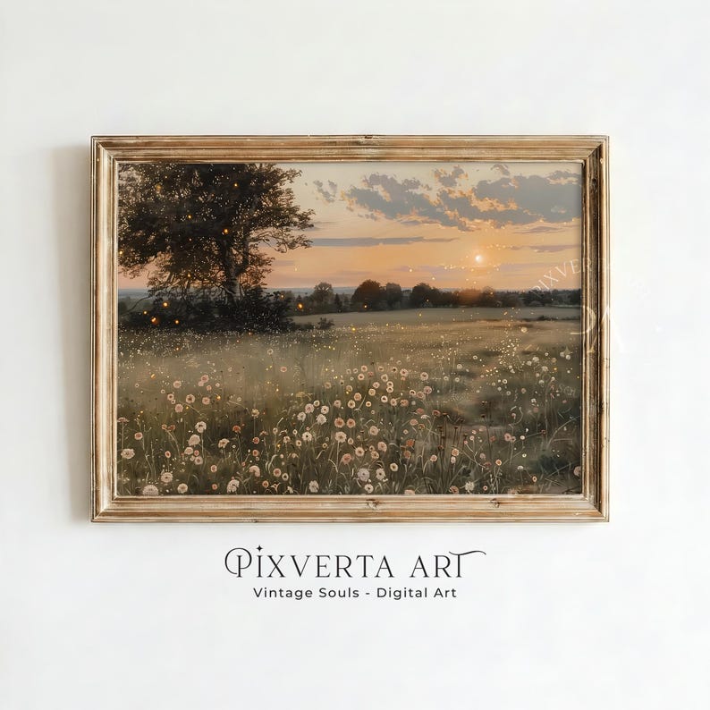 K&ouml;nnte beinhalten: Ein gerahmter Landschaftsdruck zeigt ein Feld mit Wildblumen bei Sonnenuntergang. Das Kunstwerk zeigt einen Baum auf der linken Seite, ein Blumenfeld in der Mitte und einen Sonnenuntergang im Hintergrund. Der Rahmen ist hellbraun. Der Text "PIXVERTA ART" und "Vintage Souls - Digital Art" befindet sich unten.