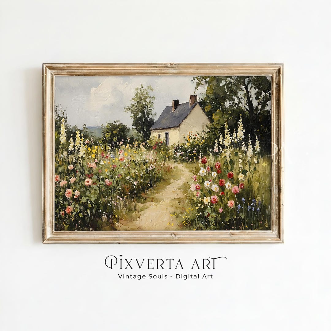Cottage Garden Wall Art Printable, Spring Landscape Painting, Vintage ...