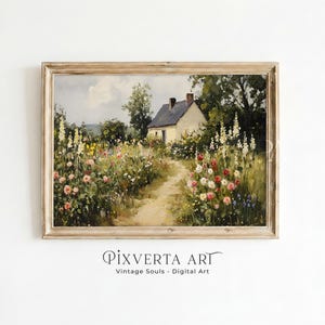 Cottage Garden Wand Kunst zum ausdrucken, Frühling Landschaft Malerei, Vintage Bauernhaus Cottagecore Dekor, digitaler Download