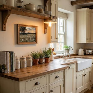 K&ouml;nnte beinhalten: Eine gem&uuml;tliche K&uuml;che mit einer Holz-Arbeitsplatte und cremefarbenen Schr&auml;nken. Ein gerahmtes Landschaftsbild h&auml;ngt &uuml;ber der Arbeitsplatte, neben einem Regal mit Gl&auml;sern und einer H&auml;ngeleuchte. Topfkr&auml;uter und Kochb&uuml;cher sorgen f&uuml;r eine nat&uuml;rliche Note.