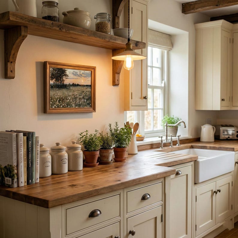 K&ouml;nnte beinhalten: Eine gem&uuml;tliche K&uuml;che mit einer Holz-Arbeitsplatte und cremefarbenen Schr&auml;nken. Ein gerahmtes Landschaftsbild h&auml;ngt &uuml;ber der Arbeitsplatte, neben einem Regal mit Gl&auml;sern und einer H&auml;ngeleuchte. Topfkr&auml;uter und Kochb&uuml;cher sorgen f&uuml;r eine nat&uuml;rliche Note.