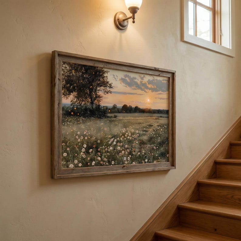 K&ouml;nnte beinhalten: Ein gerahmtes Landschaftsgem&auml;lde zeigt ein Feld mit Wildblumen bei Sonnenuntergang. Das Kunstwerk hat einen rustikalen Holzrahmen und ist an einer beigefarbenen Wand in der N&auml;he einer Holztreppe angebracht. Die Farbpalette des Gem&auml;ldes umfasst warme T&ouml;ne von Orange, Gelb und Gr&uuml;n.