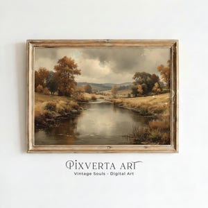 Vintage Flusslandschaft Kunstdruck, Landschaft Ölgemälde, große stimmungsvolle Wandkunst, digitaler Download