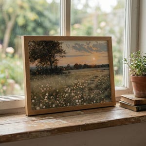 K&ouml;nnte beinhalten: Ein gerahmter Kunstdruck mit einer Landschaft, die ein Feld mit Wildblumen bei Sonnenuntergang zeigt. Das Kunstwerk befindet sich in einem hellen Holzrahmen und steht auf einer Holzfensterbank. Eine kleine Topfpflanze und B&uuml;cher sind ebenfalls zu sehen.