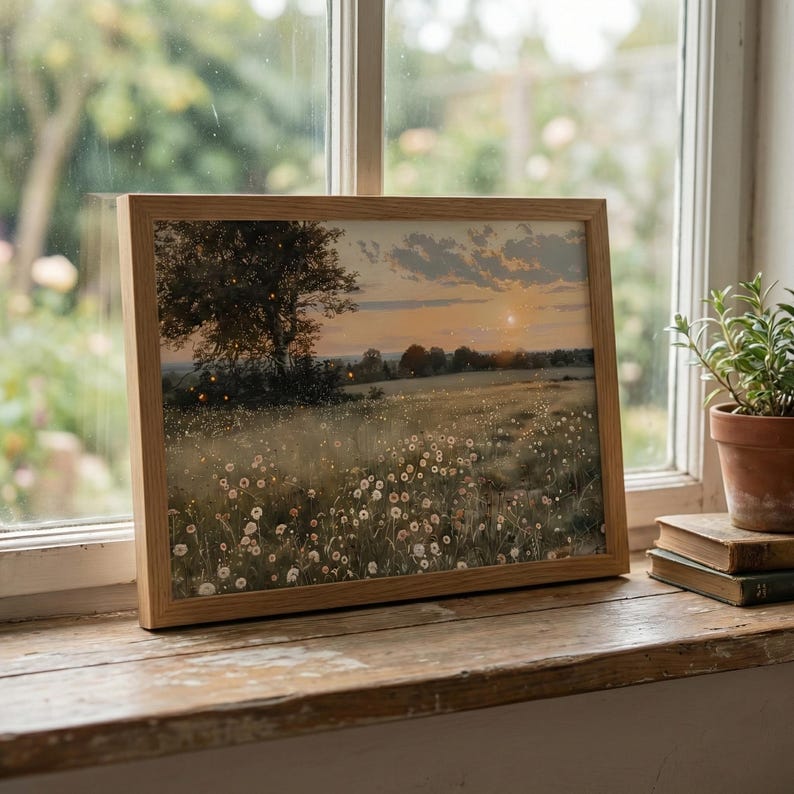 K&ouml;nnte beinhalten: Ein gerahmter Kunstdruck mit einer Landschaft, die ein Feld mit Wildblumen bei Sonnenuntergang zeigt. Das Kunstwerk befindet sich in einem hellen Holzrahmen und steht auf einer Holzfensterbank. Eine kleine Topfpflanze und B&uuml;cher sind ebenfalls zu sehen.