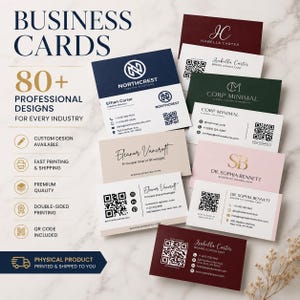 May include: A collection of rectangular business cards in various colors including navy blue, dark red, forest green, beige, and light pink. Each card features professional contact details, names, logos, and QR codes. The text BUSINESS CARDS 80+ PROFESSIONAL DESIGNS FOR EVERY INDUSTRY is displayed on the left side.