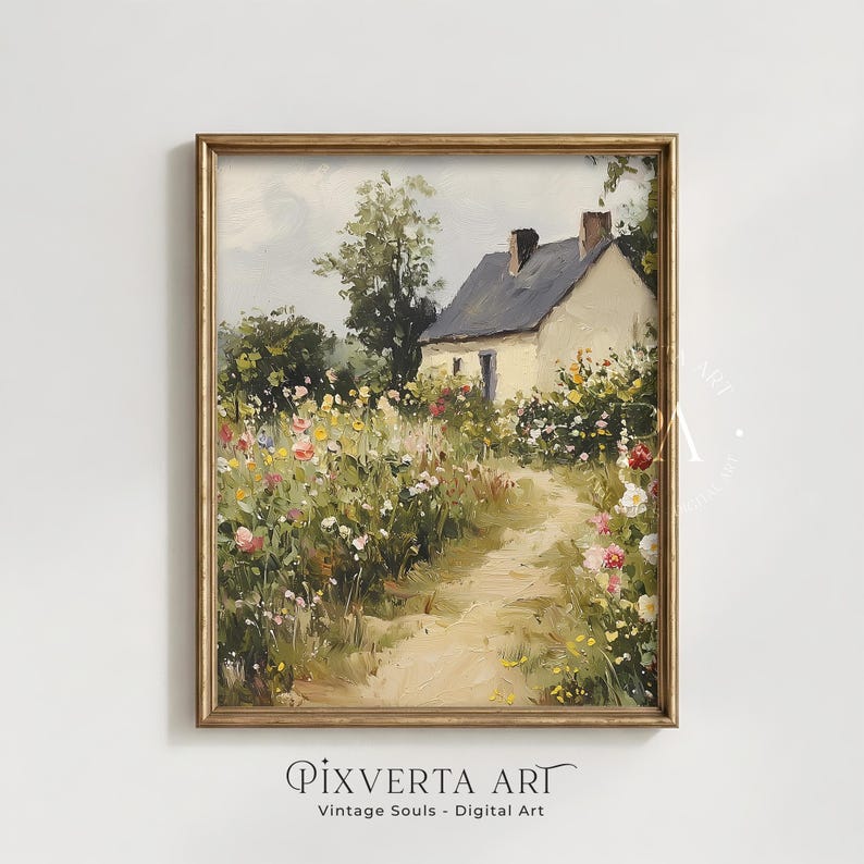 Printable Cottage Garden Wall Art, Spring Floral Landscape Painting ...