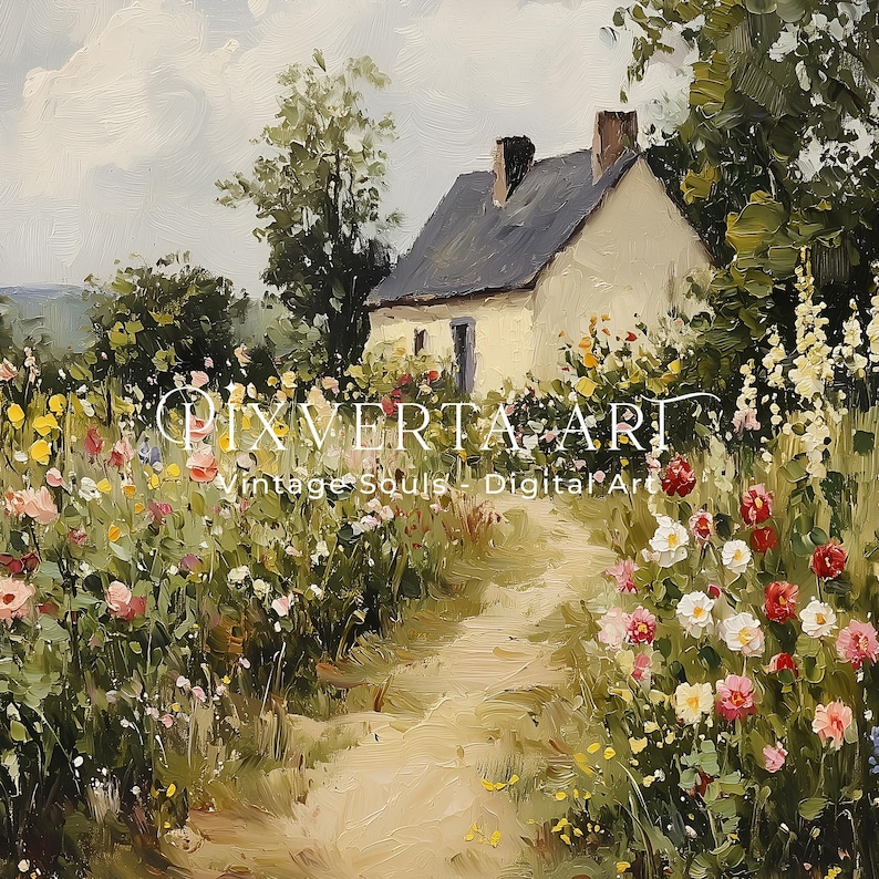 Cottage Garden Wall Art Printable, Spring Landscape Painting, Vintage ...