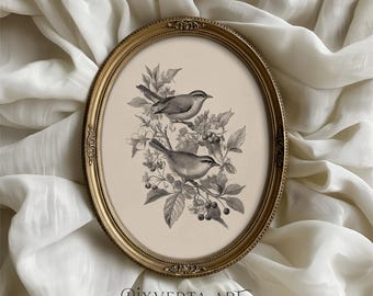 Vintage Bird Print, Antique Botanical Printable Wall Art, French Cottagecore Decor, Neutral Nature Art