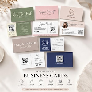 May include: A collection of rectangular business cards in various colours including green, pink, beige, and navy blue. The cards feature printed text, logos, and QR codes. At the bottom, text reads PREMIUM PRINTED BUSINESS CARDS with icons for templates, custom design, printing, cardstock, and QR codes.