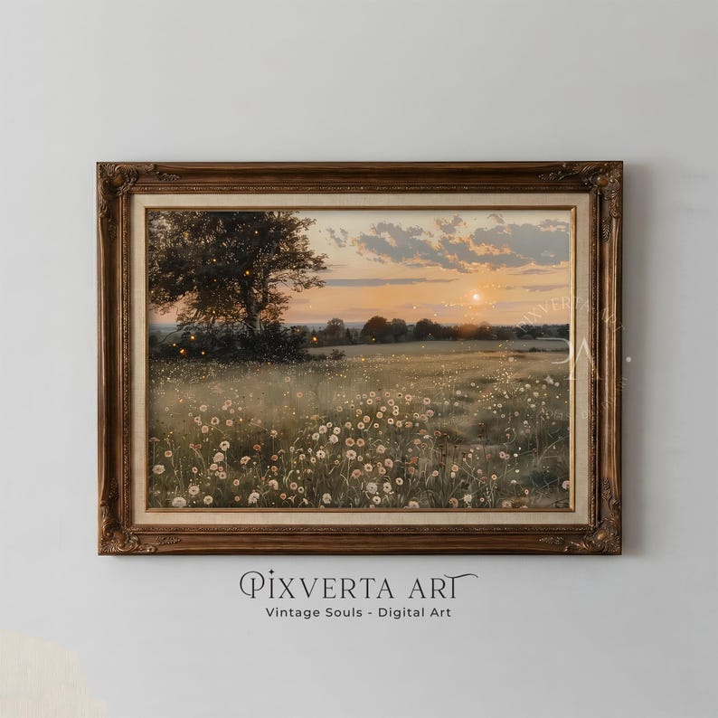 K&ouml;nnte beinhalten: Gerahmtes Landschaftsgem&auml;lde, das ein Feld mit Wildblumen bei Sonnenuntergang zeigt. Das Kunstwerk verwendet eine warme Farbpalette mit einem gro&szlig;en Baum auf der linken Seite und einer hellen Sonne in der Ferne. Der Rahmen ist dunkelbraun.