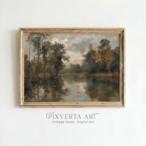 Vintage Wald Fluss Wand Kunst, druckbare rustikale Natur Landschaft, antikes Wald Dekor (digitaler Download)