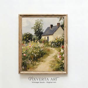 Druckbare Cottage Garden Wandkunst, Frühling Blumen Landschaftsmalerei, Cottagecore Bauernhausdekor, digitaler Download