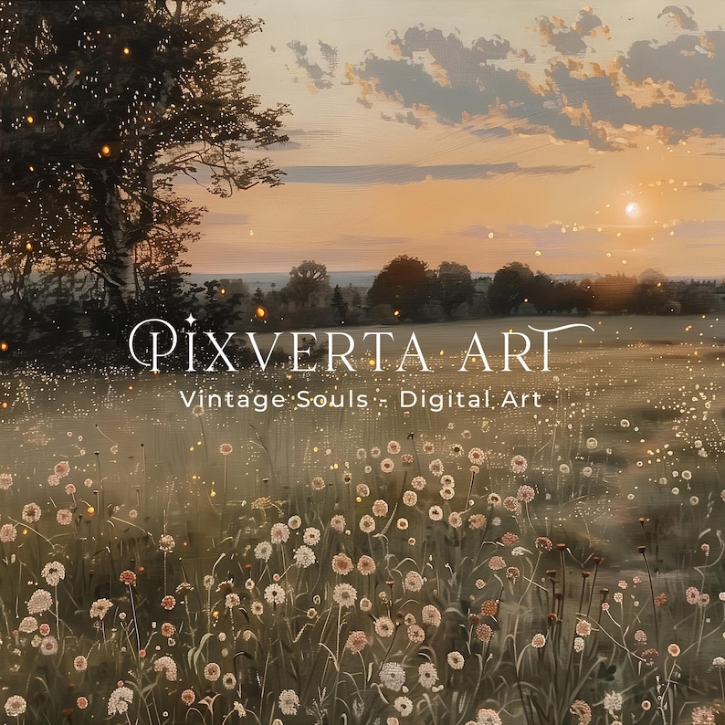 K&ouml;nnte beinhalten: Digitaler Kunstdruck mit einer ruhigen Landschaft mit Wildblumen unter einem Sonnenuntergangshimmel. Das Kunstwerk zeigt einen gro&szlig;en Baum auf der linken Seite und den Text "PIXVERTA ART, Vintage Souls - Digital Art."