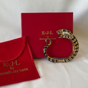 Vintage KJL Tiger Bracelet Cuff Green Eye Crystal Bypass Bangle Box Pouch