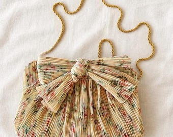 Loeffler Randall Rayne Tan Vine Floral Pleated Bow Clutch, Wedding Guest Bag