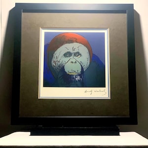 Réplique d'impression d'orang-outan d'Andy Warhol – Signé en fac-similé, cadre galerie doré, 16 x 17