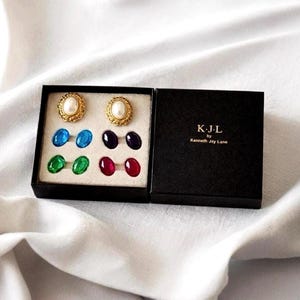 Vintage KJL Interchangeable Gemstone Earrings, 1980s Gold Tone Designer Set w/box