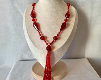 Vintage Red Glass Flapper Tassel Necklace | Beaded Lariat with Gold Filled Filigree Clasp