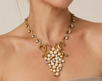 Vintage Faux Pearl Statement Necklace, Rhinestone Gold Tone, 1960s Grape Motif