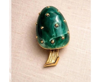 Vintage Crown Trifari Green Mushroom Brooch | Mid Century Gold Tone Figural Pin
