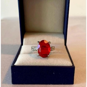 Sterling Silver Lab-Created Ruby Ring – Size 6, Oval Red Stone Statement Ring