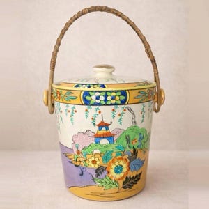 Antique Takito Nippon Biscuit Jar - Rattan Handle | Hand-Painted Japanese Porcelain