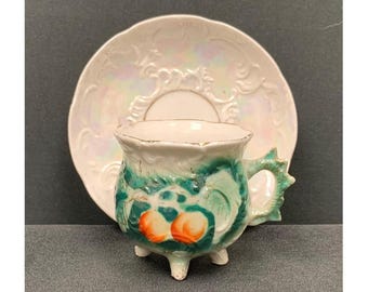 Vintage Lusterware Demitasse Cup and Saucer, Peach Motif, Footed Porcelain Chocolate Cup