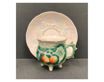 Vintage Lusterware Demitasse Cup and Saucer, Peach Motif, Footed Porcelain Espresso Cup