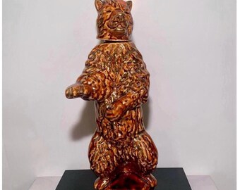 Vintage 1968 FSZ Bear Whiskey Decanter: Brown Glazed Ceramic Barware